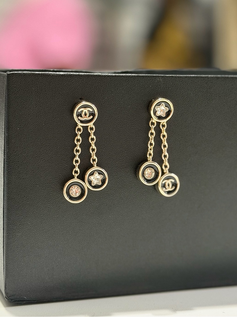 1998 Chanel Gold & Black Double-Drop Chain Earrings - Picture 2 of 6